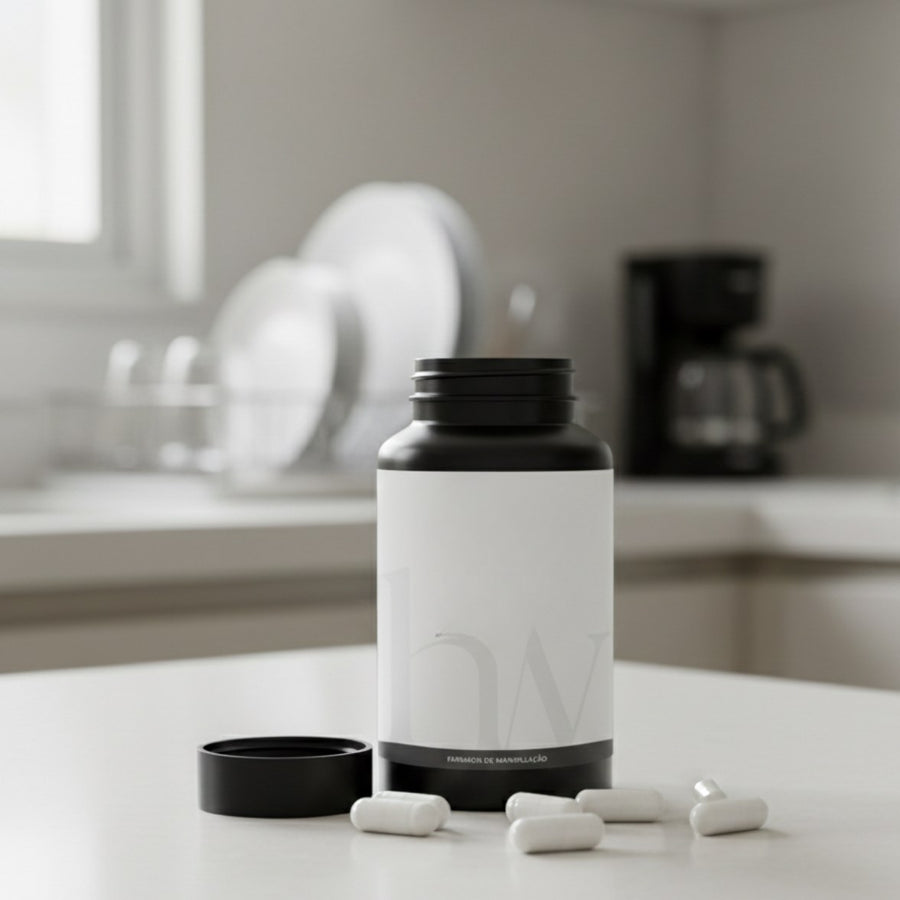 Pote Health Way com cápsulas na bancada