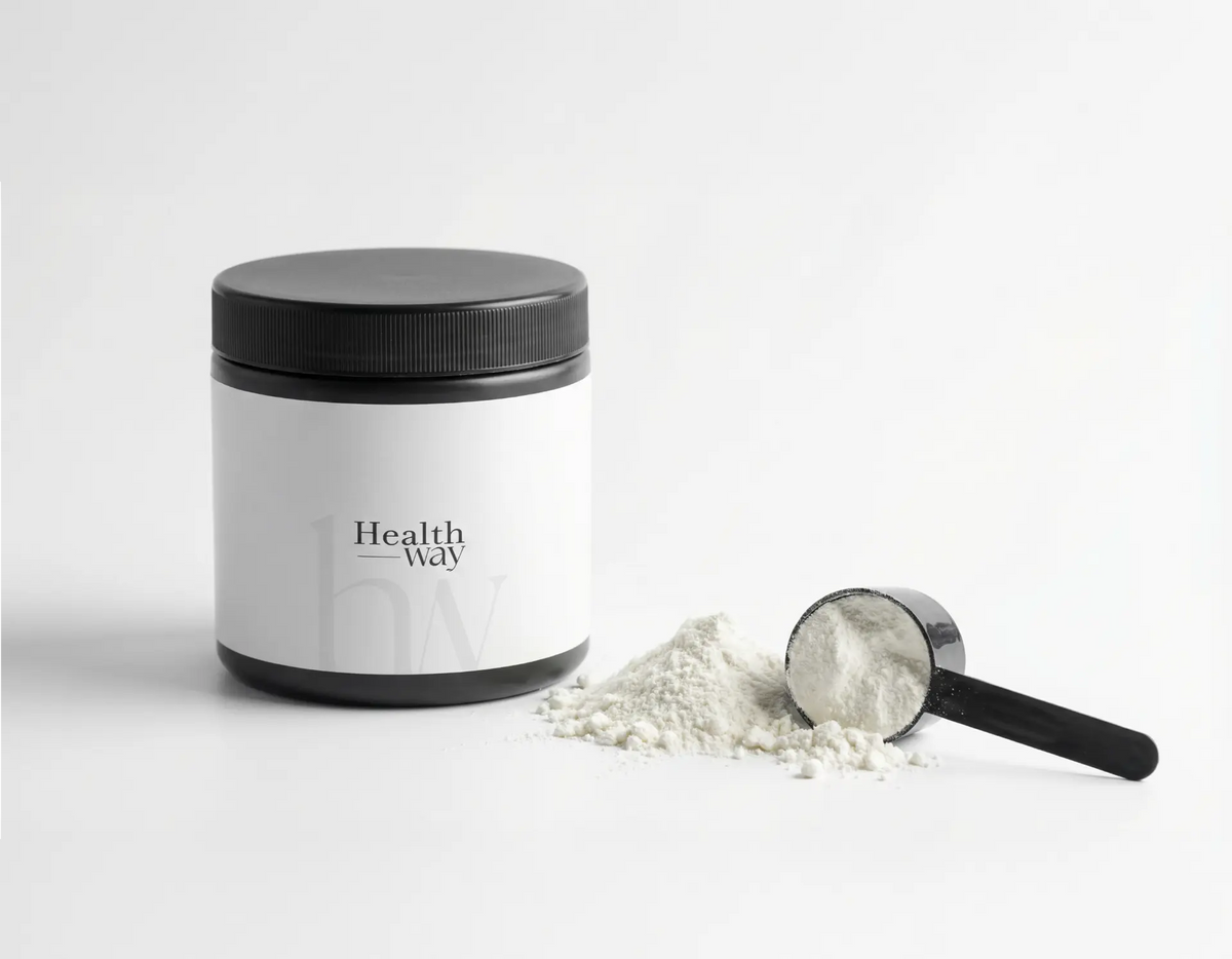 Pote Health Way com pó e colher dosadora